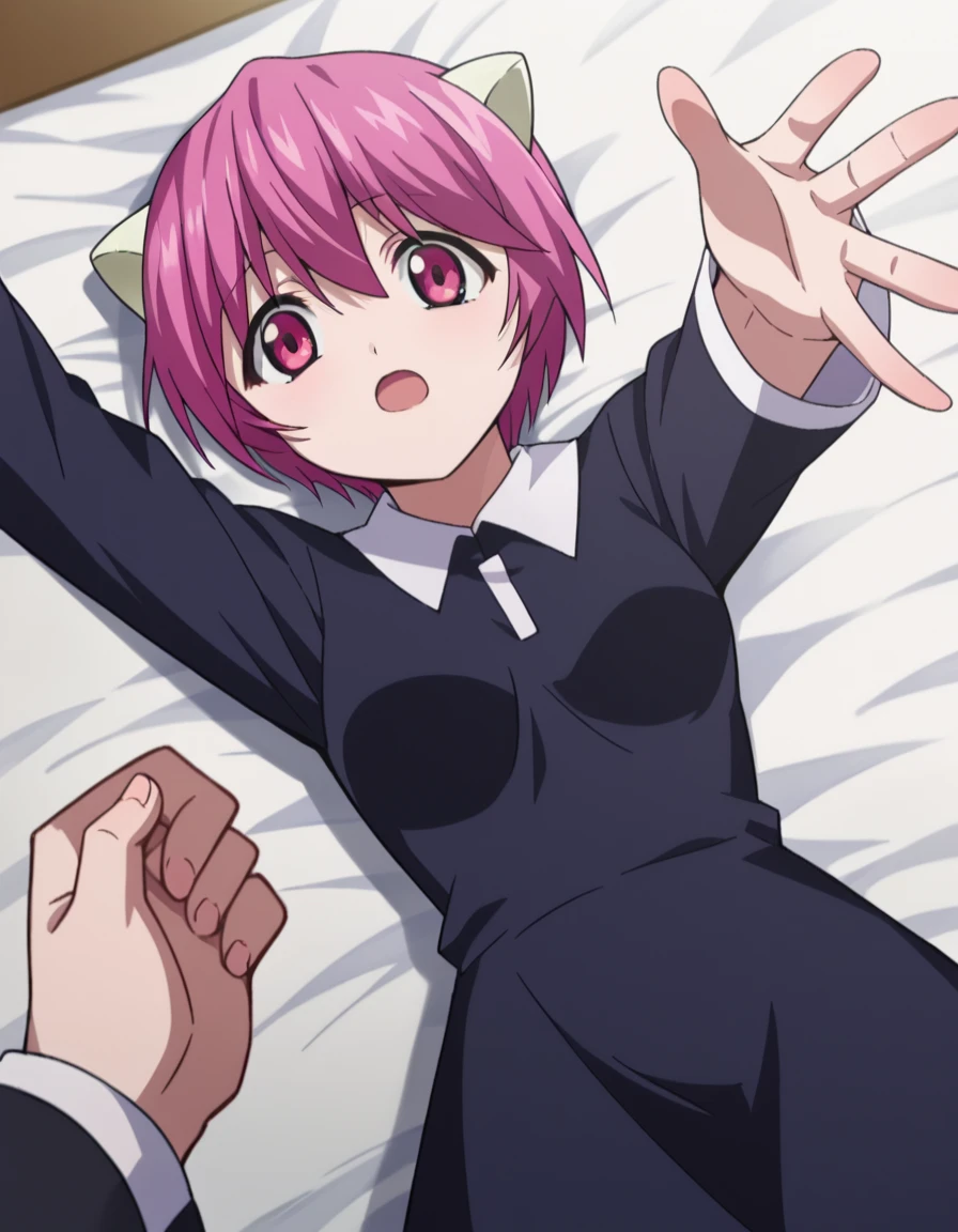 score_9, score_8_up, score_7_up, source_anime,
elfenliednana, <lora:elfen-lied-nana-ponyxl-lora-nochekaiser:1>
nana, short hair, pink hair, pink eyes, horns,
long sleeves, dress,
indoors, bed, bed room, on back, arm support, arms up, incoming hug, pov, reaching, reaching towards viewer,
looking at viewer, dutch angle, cowboy shot,