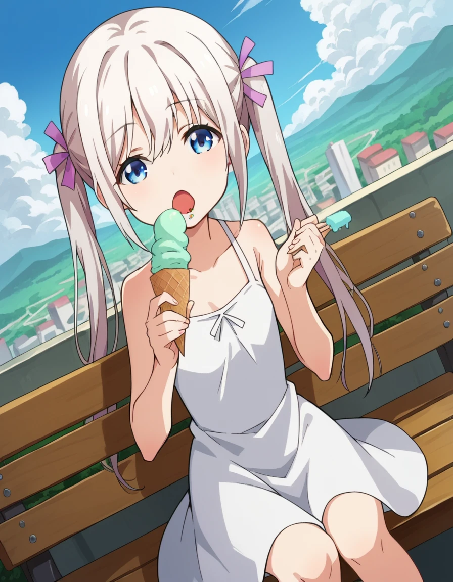 
(Blond), ((blue eyes)), (eyes glow), tigh clothing, ((blushing)), (((eating popsicle))) (spit dripping), embarrassed face))