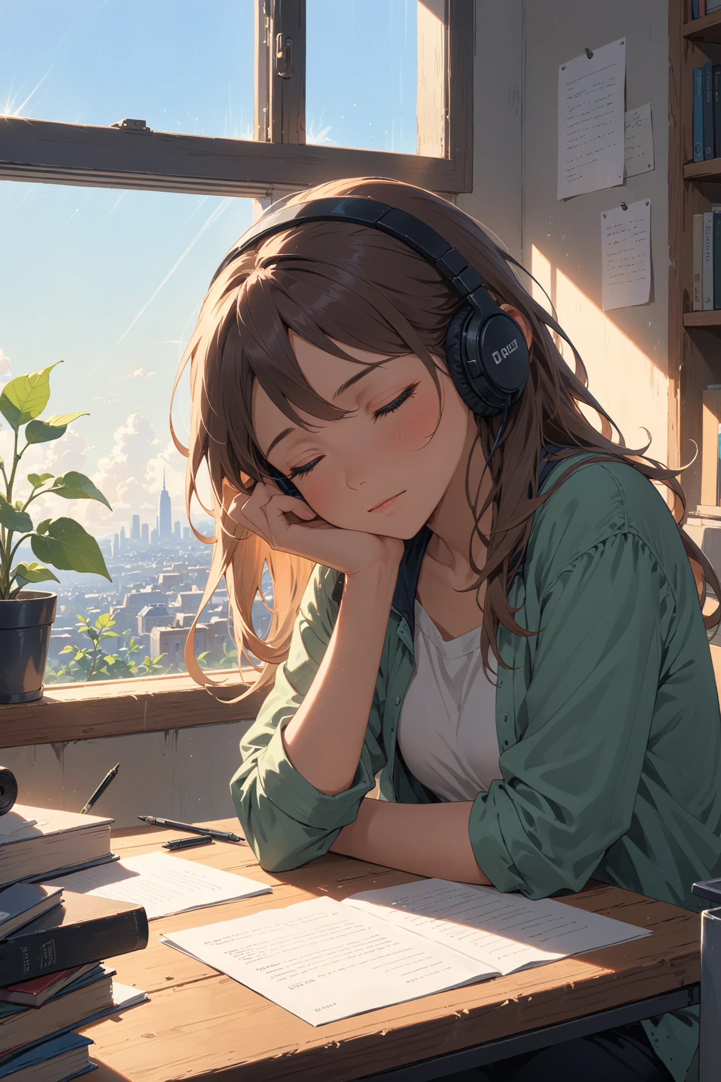 young woman wearing headphones next to a bright window seated at a cluttered desk eyes closed contemplative and serene