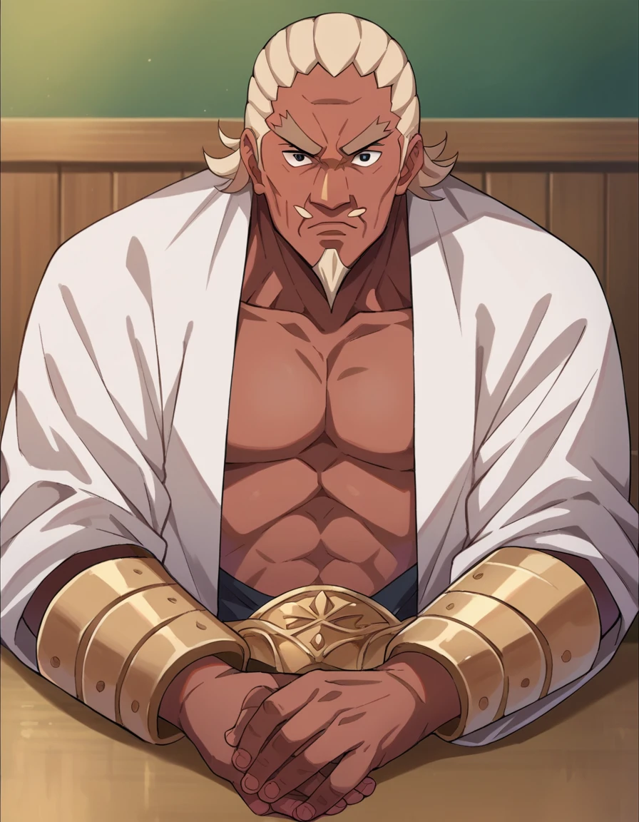 score_9, score_8_up, score_7_up, source_anime,
fourthraikage, <lora:fourth-raikage-ponyxl-lora-nochekaiser:1>
fourth raikage, male focus, dark skin, facial hair, dark-skinned male, beard, goatee, black eyes,
sandals, pants, brown pants,
indoors,
looking at viewer, upper body,