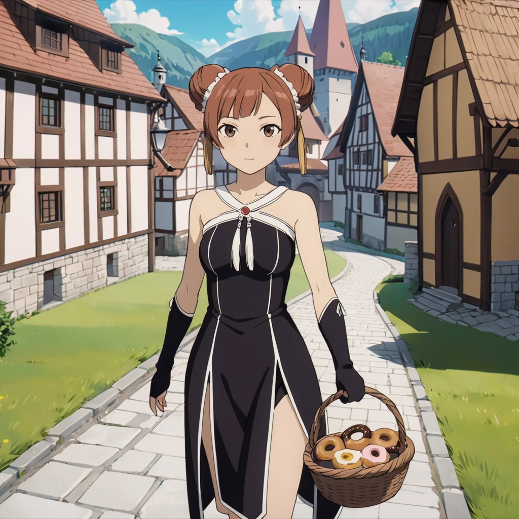 <lora:LaufenXL002>,<lora:DetailedEyes_V3:1.6>,looking at viewer,
solo,
anime screencap,
Laufen,1girl,brown hair,double bun,brown eyes,hair_ornament,
black dress,bare shoulders,
black gloves,
pelvic curtain,
boots,
medieval town,walking,a basket with donut,holding,