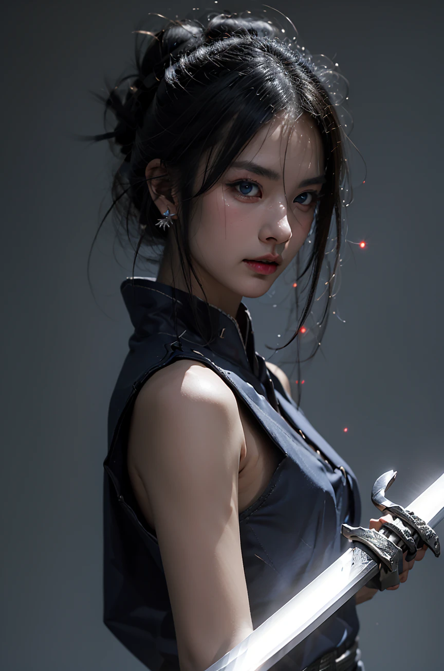 (masterpiece:1.2),best quality,Chinese style,<lora:martial arts chivalry_20240326231459:1>,
weapon,sword,blue eyes,1girl,jewelry,black hair,solo,holding weapon,looking at viewer,earrings,holding,holding sword,glowing,hair bun,katana,single hair bun,glowing weapon,chinese clothes,unsheathing,glowing sword,closed mouth,updo,upper body,light particles,bangs,hair ornament,from side,glint,gloves,sheath,