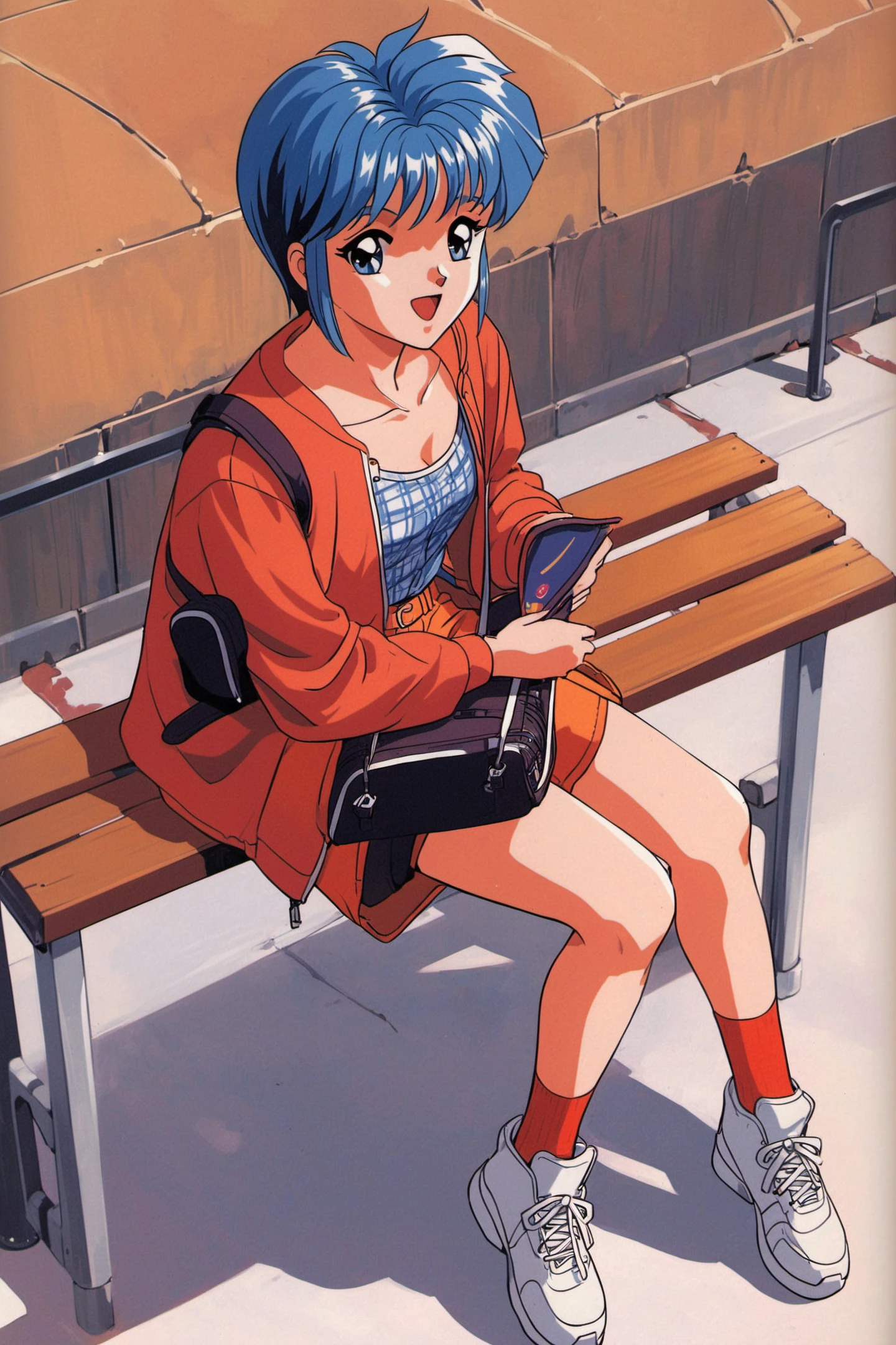 1girl,solo,sitting,retro artstyle,blue hair,outdoors,shorts,blue eyes,open mouth,shoes,short hair,sneakers,bag,smile,shirt,open clothes,bench,plaid shirt,1990s (style),holding,full body,day,long sleeves,jacket,socks,looking at viewer,orange shorts,<lora:Tokimeki Memorial_XL:0.9>,