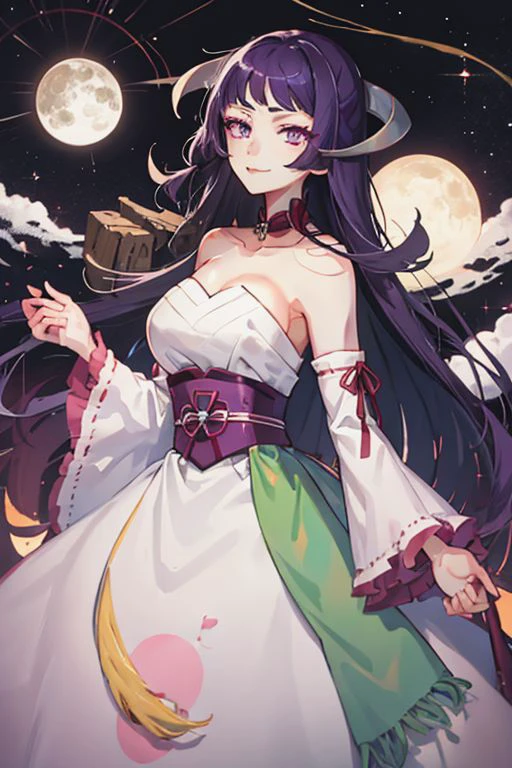 ASCII1girl, <lora:umi_featerine:0.8>, Purple hair, (purple eyes:1.0), long hair, hime cut, horns, pink dress, green sash