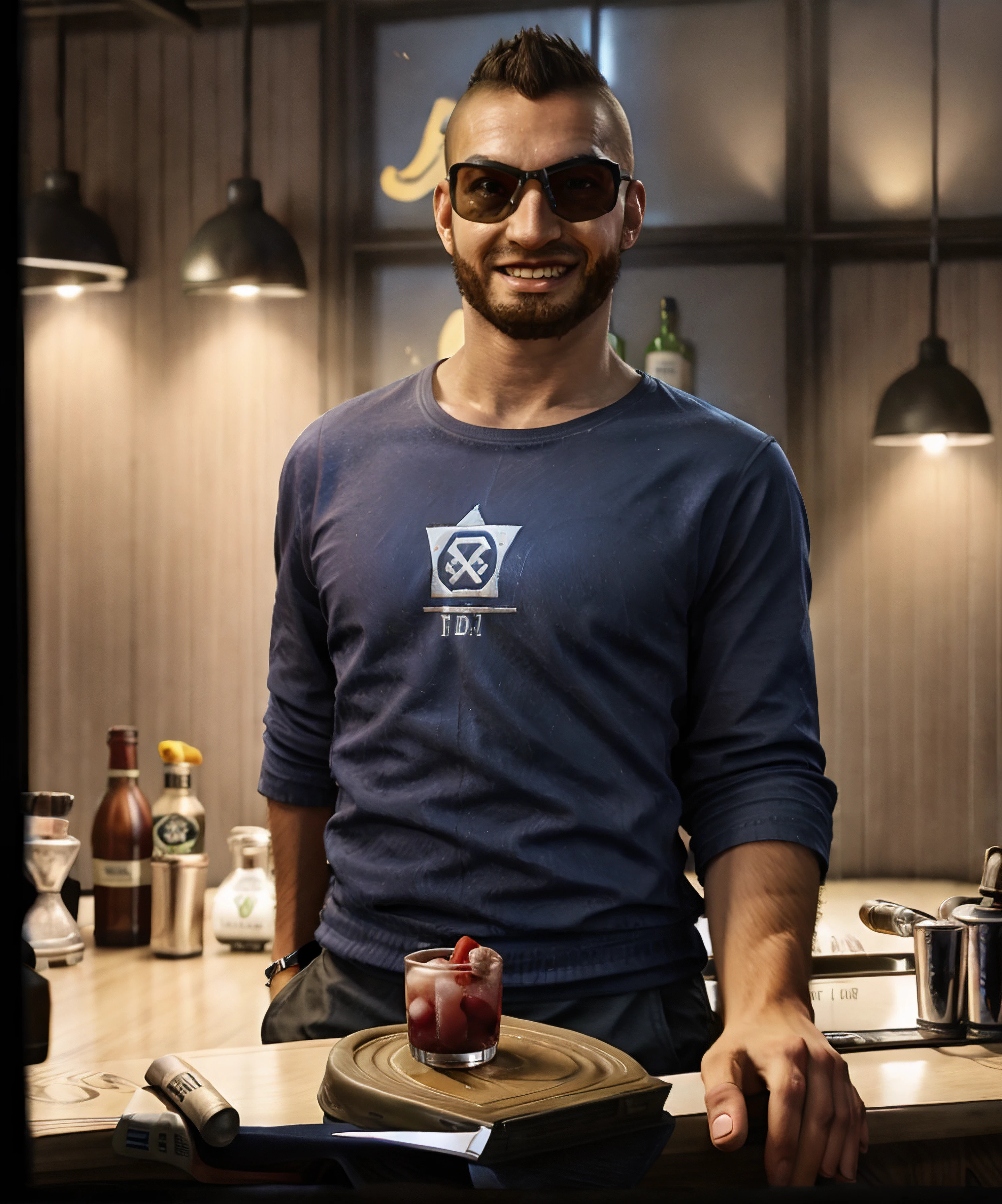 fahz_chutani, standing, t-shirt, short, muscular, looking at viewer, htime, indoor, bar, sunglasses, happy, cocls <lora:Fahz_Chutani:0.85>