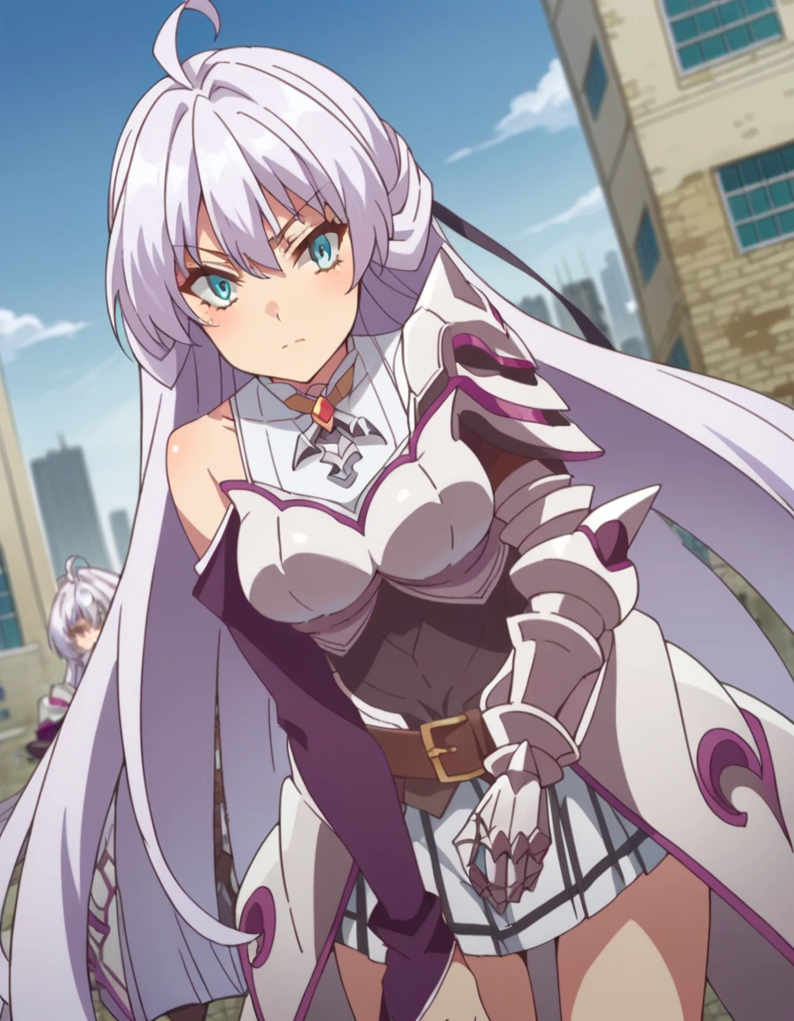 score_9, score_8_up, score_7_up, source_anime,
kurehacrylet, <lora:kureha-crylet-ponyxl-lora-nochekaiser:1>
kureha crylet, long hair, bangs, blue eyes, very long hair, ahoge, white hair,
skirt, belt, armor, gauntlets,
outdoors, cityscape, bent over,
looking at viewer, dutch angle, cowboy shot,