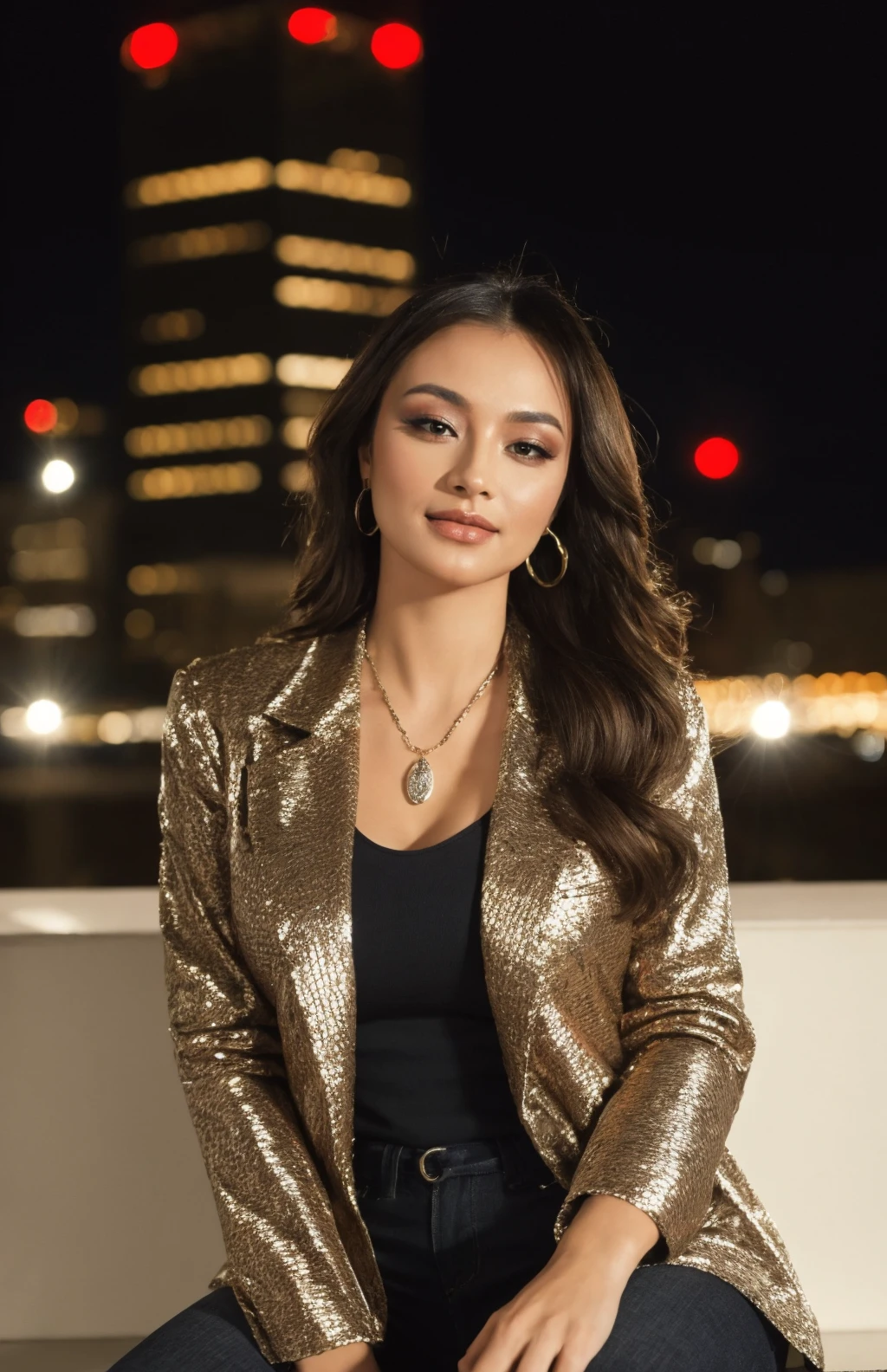 4k, 8k, ultra highres, raw photo in hdr, sharp focus, intricate texture,realistic, detailed facial features, highly detailed face, posing,perfect lighting,(sitting),inside,window,night,city lights,city,chair,chic outfit,jacket,smile,simple necklace,<lora:Angeli1:0.7> Angeli