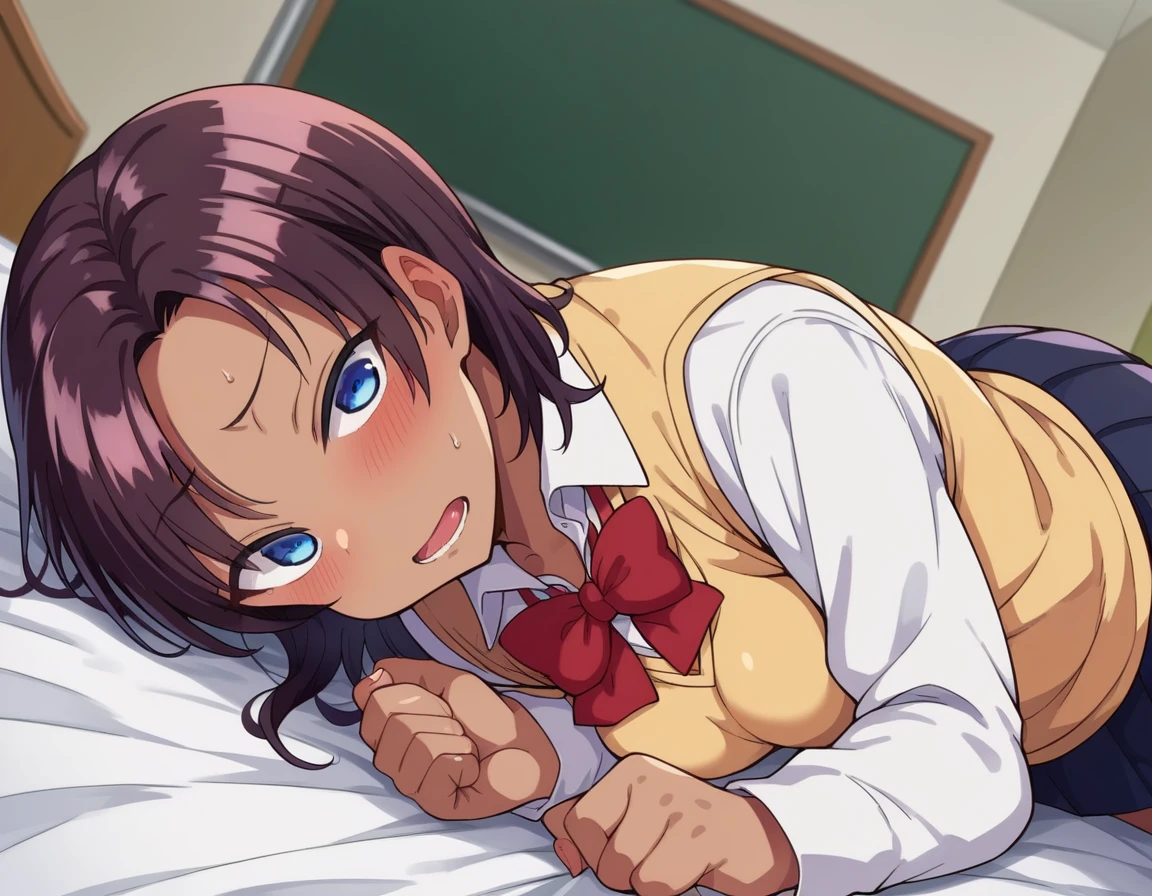 score_9, score_8_up, score_7_up, source_anime,
saehinata, <lora:sae-hinata-ponyxl-lora-nochekaiser:1>
sae hinata, blue eyes, purple hair, dark skin, dark-skinned female,
shirt, bow, school uniform, white shirt, collared shirt, bowtie, red bow, sweater vest, brown sweater,
indoors, bed, bed room, on side, blush, drunk,
looking at viewer, dutch angle, cowboy shot,