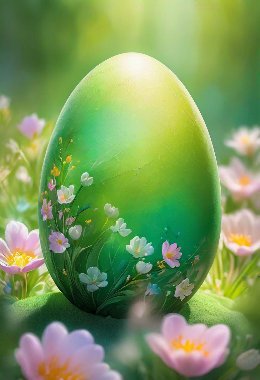 green Easter egg embodying the concept of rebirth, cracked surface revealing emerging, pastel colors dominate the scene, backlight casting a heavenly glow, nestled in a bed of vibrant spring flowers, soft-focus background, bokeh effect, natural light, ultra-fine details, digital painting.