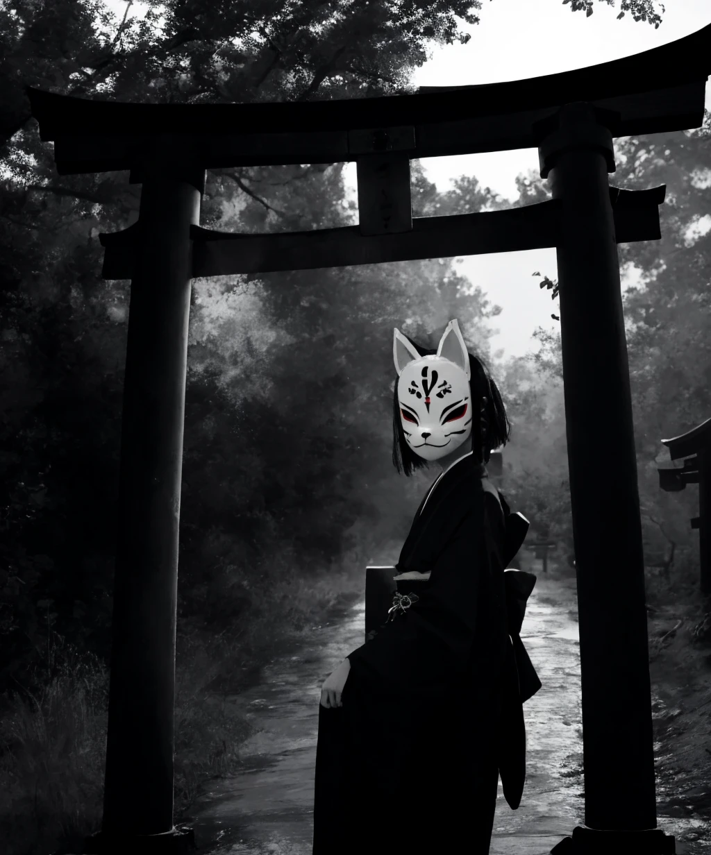 monochrome,anbu,1girl,medium hair,black hair,japanese clothes,kimono,standing,torii,solo,<lora:anbu_mask-09:1>,<lora:LowRA:0.8>,