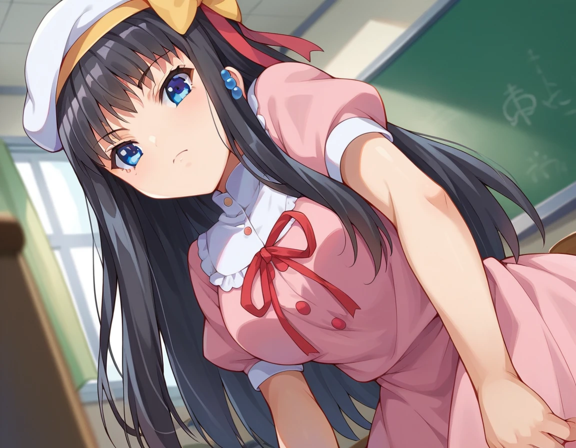 score_9, score_8_up, score_7_up, source_anime,
kisarahimeno, <lora:kisara-himeno-ponyxl-lora-nochekaiser:1>
kisara himeno, long hair, black hair, blue eyes,
hat, dress, pink dress, ribbons, red ribbon, short sleeves,
indoors, classroom, bent over,
looking at viewer, dutch angle, cowboy shot,