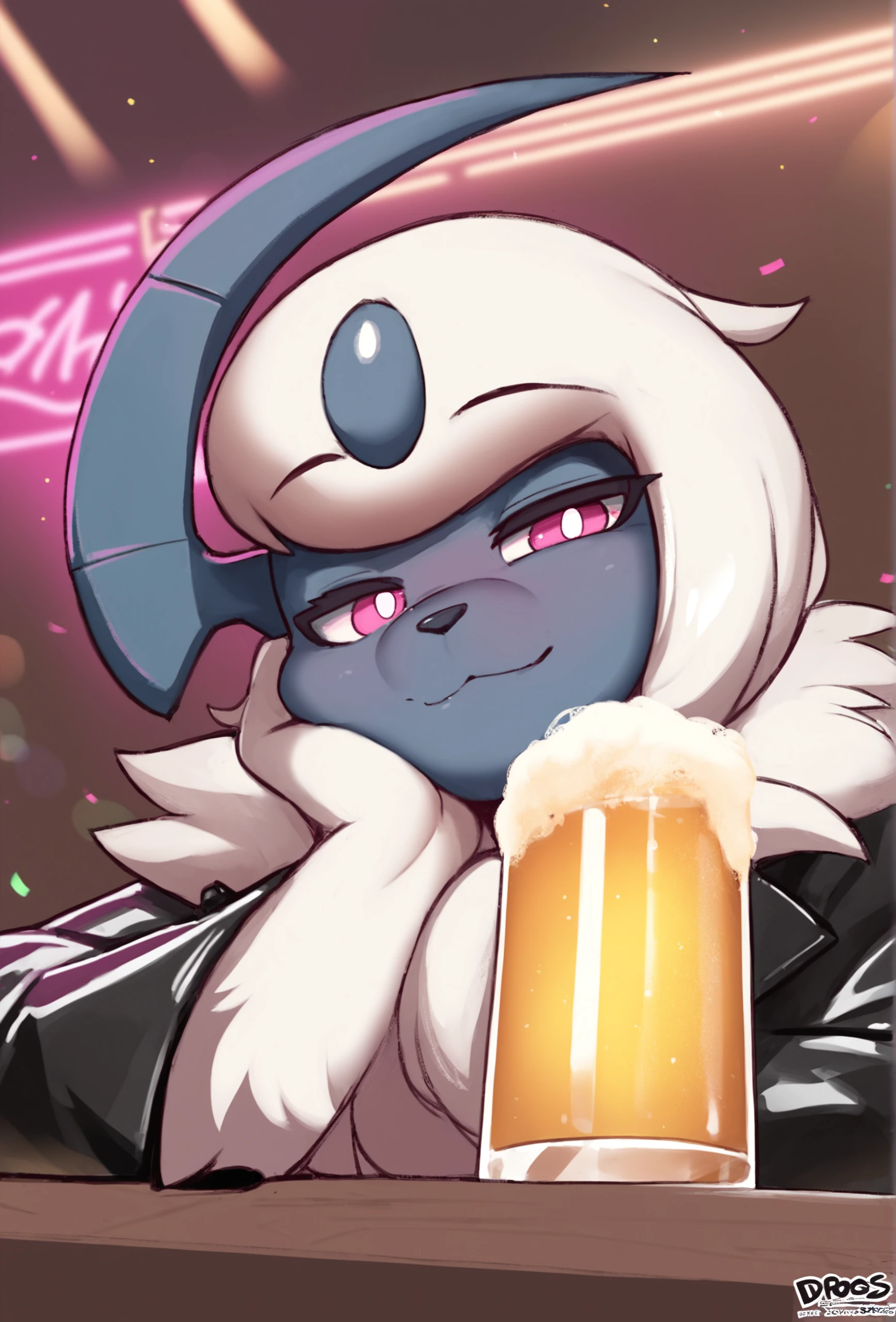 score_9, score_8_up, score_7_up, score_6_up, score_5_up, score_4_up, interior, bar \(place\), neon lights, light particles, source_furry BREAK
<lora:dross_style_ponyXL_v1_resized:1> drosstyle, 1boy, solo, absol, pokemon, furry, pink eyes, medium hair, sidelocks, smile, leather jacket, fur trim, head rest, cheek squash, looking at viewer, holding beer mug, detailed fur
