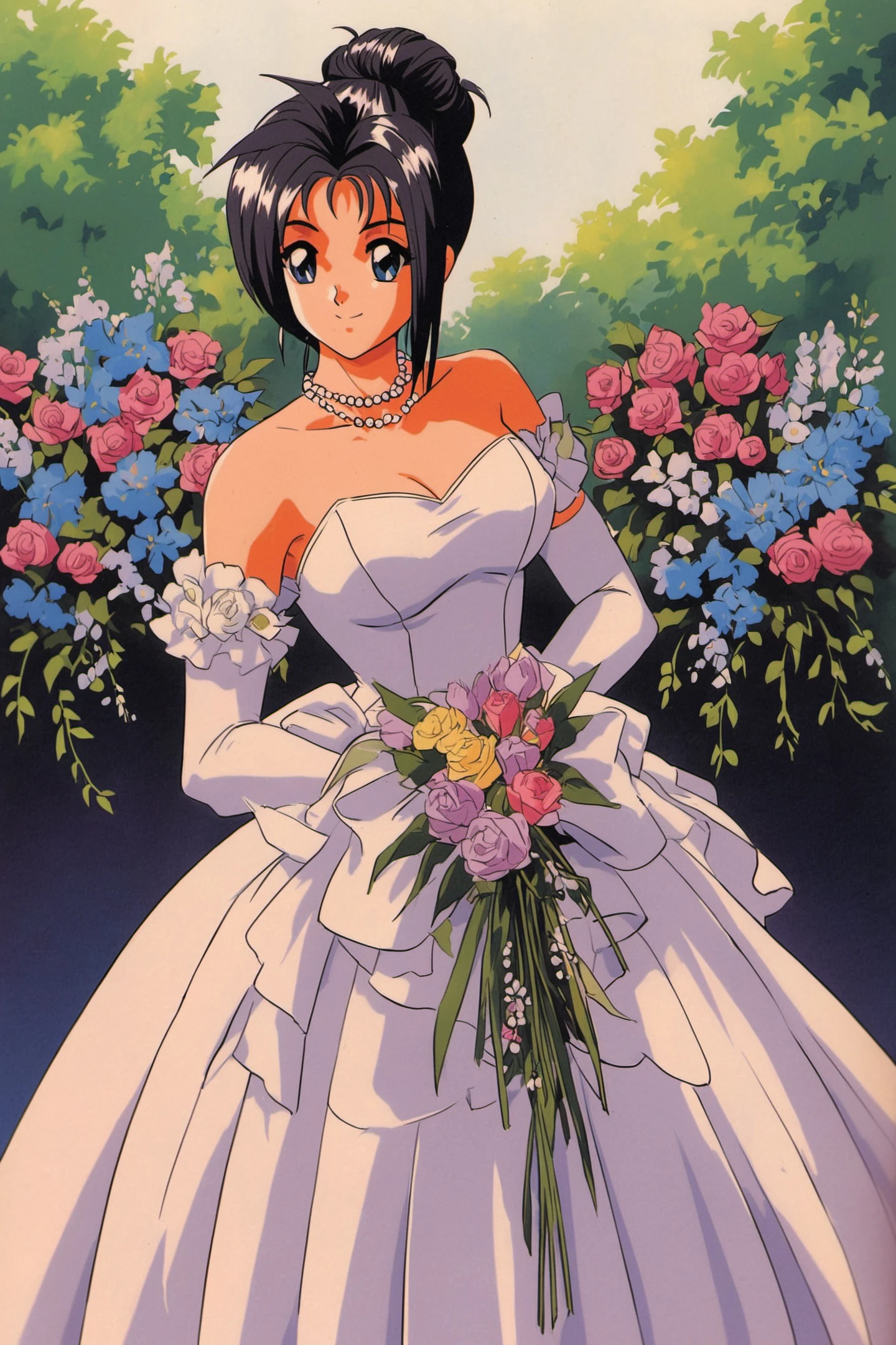 Ayako Katagiri,1girl,solo,dress,necklace,blue eyes,gloves,jewelry,retro artstyle,black hair,1990s (style),single hair bun,hair bun,elbow gloves,pearl necklace,smile,strapless,wedding dress,outdoors,flower,looking at viewer,strapless dress,bead necklace,<lora:Tokimeki Memorial_XL:0.8>,