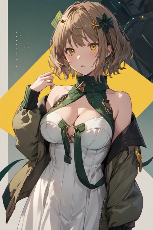 MimiSpace, 1girl, solo, short hair, brown hair, hair ornament, long sleeves, cleavage, bare shoulders, brown eyes, green jacket, open jacket, yellow eyes, white dress, cleavage cutout, 