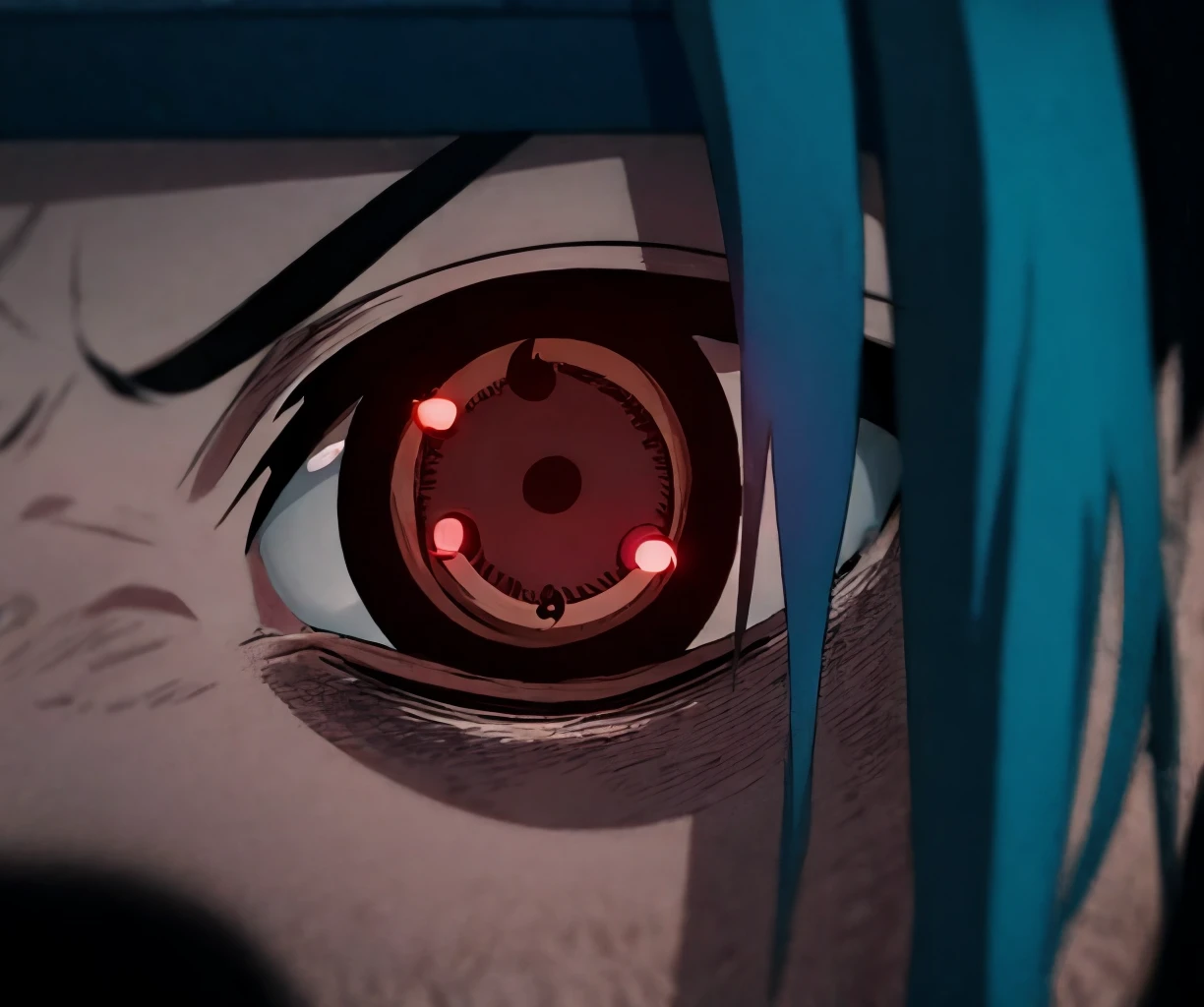 dark theme,close-up-sharingan,1girl,looking at viewer,blue hair,blurry,glowing,glowing eyes,<lora:close-up-sharingan-10:1>,<lora:LowRA:0.8>,