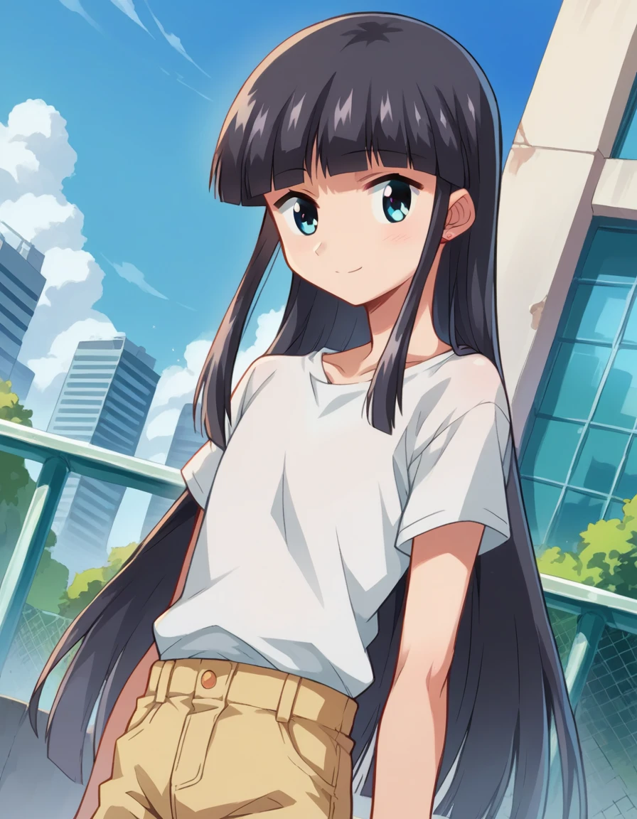 score_9, score_8_up, score_7_up, source_anime,
bokunococo, <lora:boku-no-coco-ponyxl-lora-nochekaiser:1>
coco, long hair, blue eyes, black hair, bangs, blunt bangs, sidelocks, smile,
shirt, white shirt, pants,
outdoors, cityscape,
looking at viewer, dutch angle, cowboy shot,