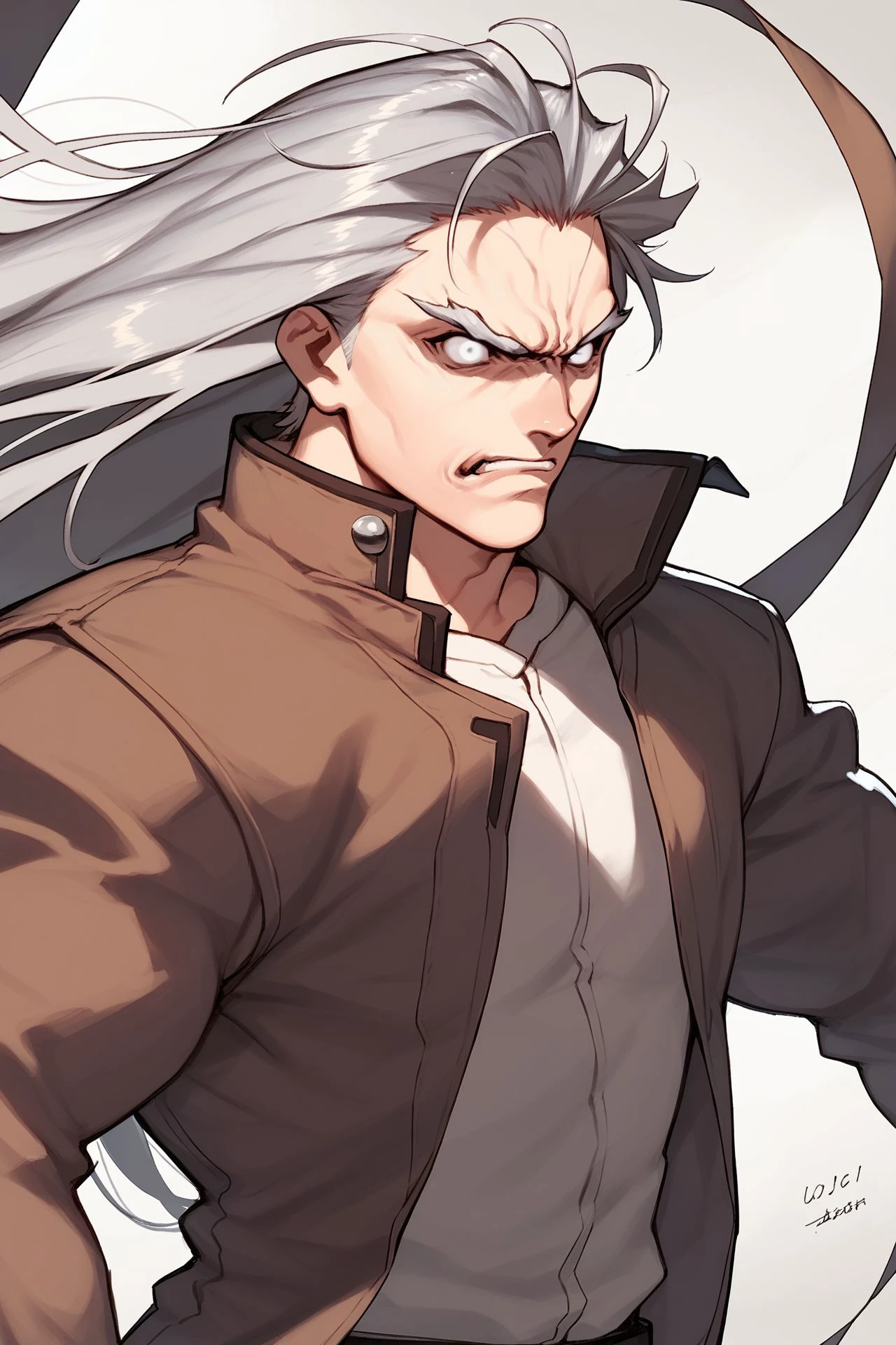 score_9, score_8_up, score_7_up, 1boy, solo, buff male, , frustrated, silver hair, long hair, white eyes, brown windcheater, sidelighting <lora:azusa_(hws)_PonyXL_style_v01:1>