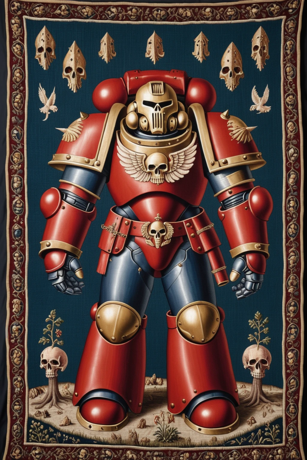 a space marine in power armor, red, a little bit of magic, medieval tapestry style, hyper realism, 1600s, ultra detailed, intricate detail, silk thread, wool thread, metal thread, visible stitching, complex background, <lora:Wolvie_Concept_Tapestry_SDXL_v1.2:1>