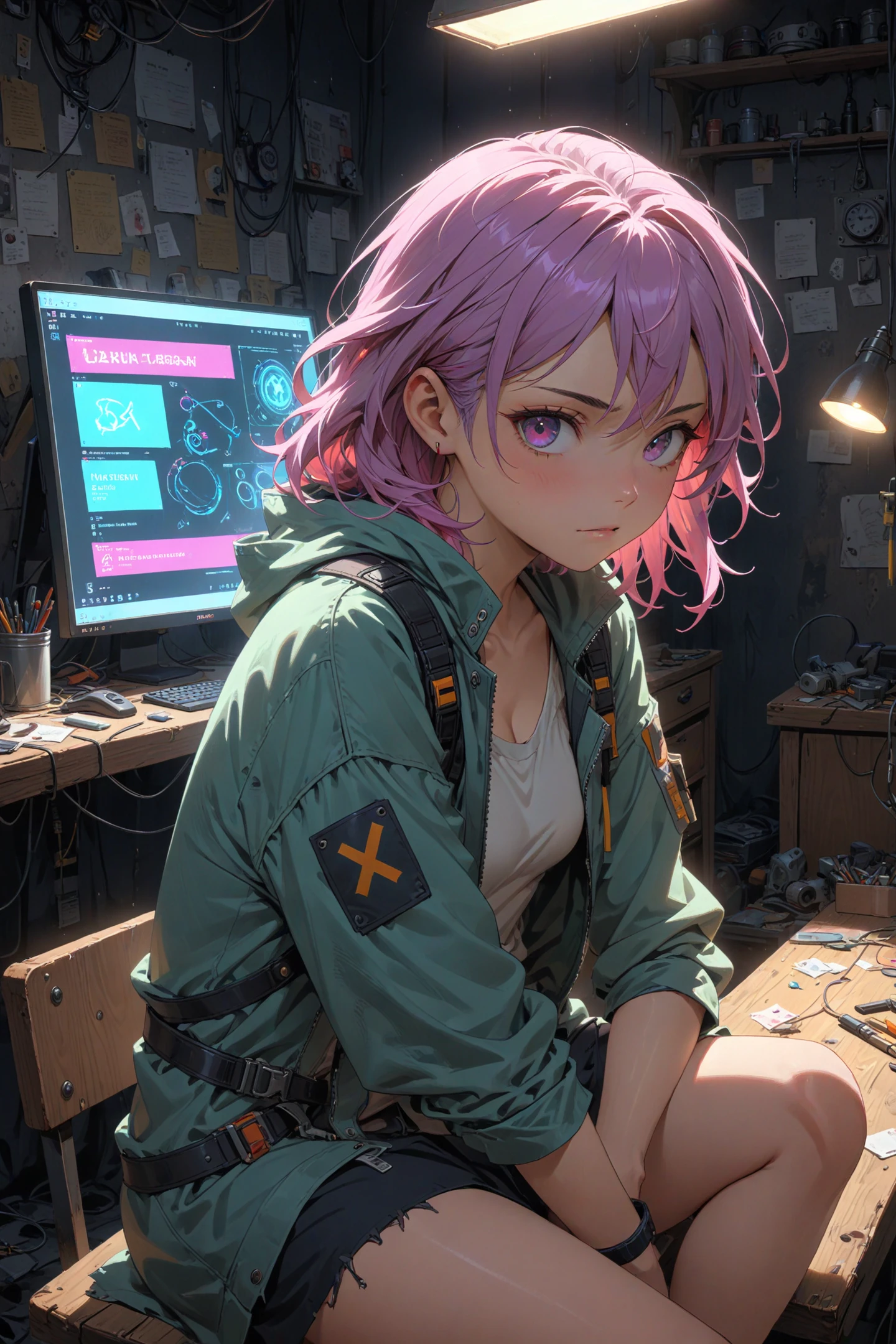 A young adult woman with colorful washed-out hair and worn clothes sitting at a workbench in a run-down workshop. Her hair, a vibrant blend of pastel hues, stands out against the gritty backdrop of the workshop. The faded colors symbolize her rebellious spirit and desire to break free from the monotonous norms of society. Her worn clothes, patched and frayed, reflect her resourcefulness and resilience in a world where survival is a constant struggle. Despite the hardships she faces, she remains determined and focused on her craft. Sitting at the workbench, she is surrounded by a chaotic mix of tools, wires, and half-finished projects. The workshop itself is dimly lit, with flickering neon lights casting an eerie glow on the walls. The air is heavy with the scent of oil and metal, a reminder of the gritty reality she navigates daily. As she works, her hands move with precision and confidence, a testament to her expertise in tinkering with technology. Her eyes, framed by smudged goggles, reflect a mix of determination and curiosity as she delves into the intricacies of her latest creation. Despite the harsh environment and the odds stacked against her, this young woman embodies the spirit of resilience and ingenuity that defines the cyberpunk genre. She is a symbol of hope and defiance, challenging the oppressive systems that seek to control and suppress individuality. (8k detailed masterpiece, best possible quality of image reproduction, best possible color depth, highly detailed playback quality, excellent native resolution),