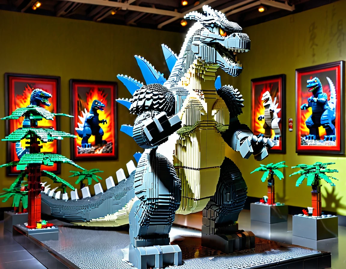 LegoRay, full size lego statue of Godzilla, background in a museum