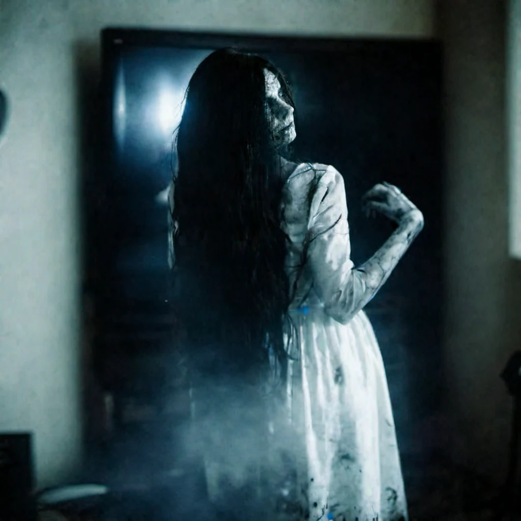 cinematic photo a creepy woman wears a dirty white dress, face hidden by hair, in front of a lcd tv, stylish appartment <lora:lcm_lora_sdxl:1> <lora:TheRing1024:0.85> . 35mm photograph, film, bokeh, professional, 4k, highly detailed