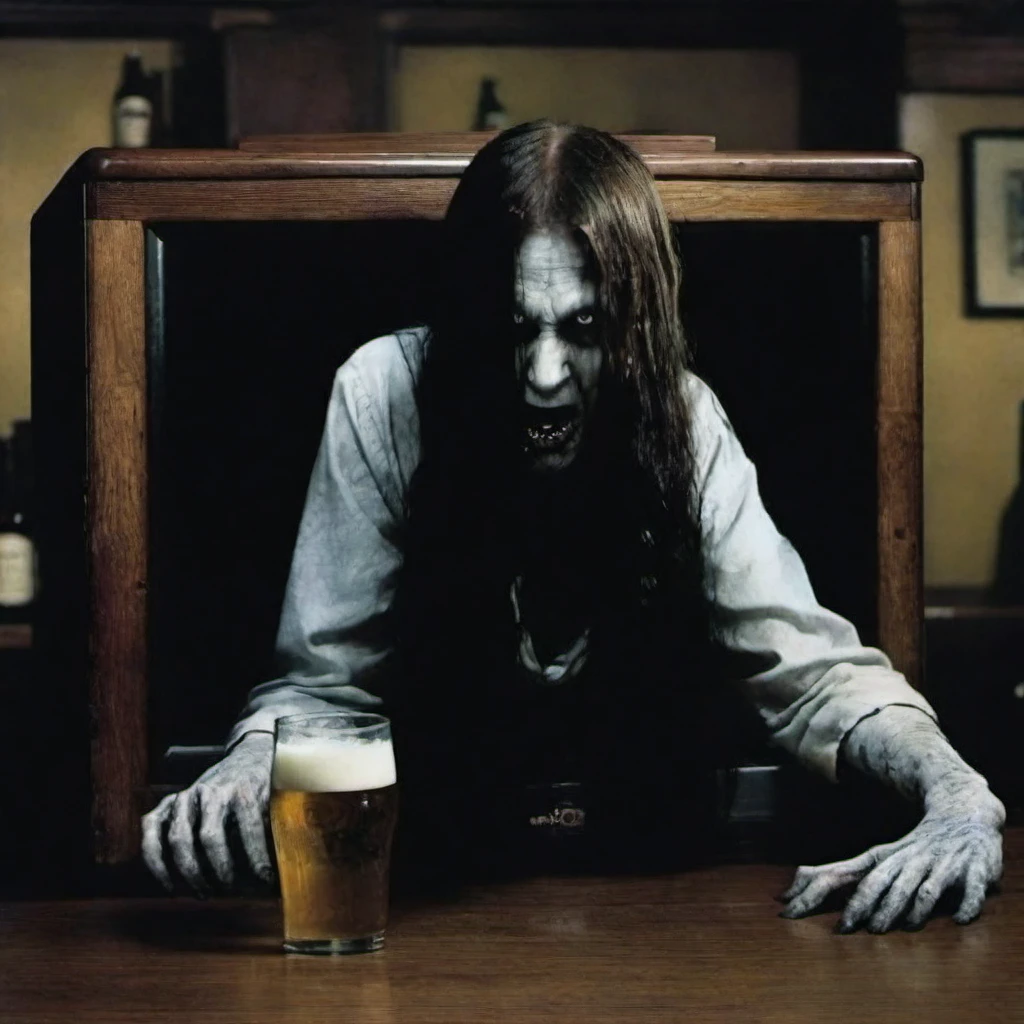 Horror-themed a creepy woman (((reaching out for a beer)), face hidden by hair, crawling out of a tv in a pub <lora:lcm_lora_sdxl:1> <lora:TheRing1024:0.85> . Eerie, unsettling, dark, spooky, suspenseful, grim, highly detailed
