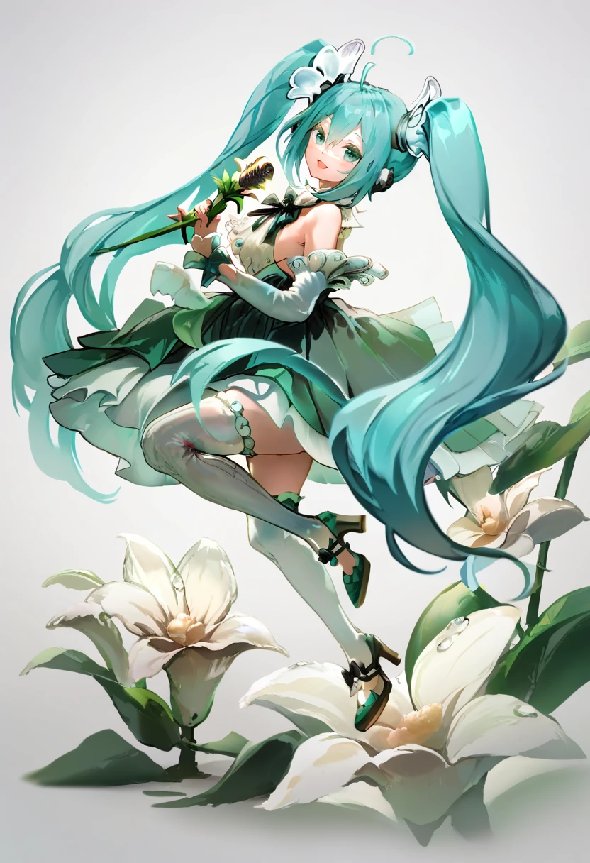 score_9, score_8_up, score_7_up, score_6_up, <lora:anmiXL_P6_lokr_V2233:0.95> 1girl, solo, hatsune miku, long hair, twintails, thighhighs, flower, very long hair, microphone, high heels, holding, white background, full body, white thighhighs, white flower, ahoge, looking at viewer, aqua hair, open mouth, skirt, bangs, shirt, breasts, detached sleeves, holding microphone, aqua eyes, simple background, bare shoulders, white shirt, smile, sleeveless, :d, from side, green footwear, hair ornament, bow, green eyes, sleeveless shirt, hair between eyes, green skirt, gloves, medium breasts