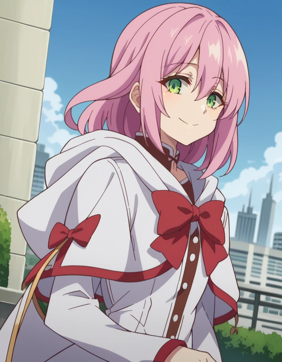 score_9, score_8_up, score_7_up, source_anime,
nornclatalissajioral, <lora:norn-clatalissa-jioral-ponyxl-lora-nochekaiser:1>
norn clatalissa jioral, long hair, hair between eyes, green eyes, pink hair,
long sleeves, dress, bow, red bow, hood, robe, white robe,
outdoors, cityscape, smile,
looking at viewer, dutch angle, cowboy shot,