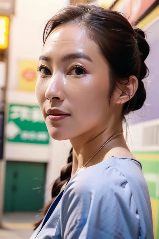 Best quality,masterpiece,ultra high res,photorealistic,1girl,slim body,japanese street alley,dynamic pose,face closeup,depth of field,nurse,<lora:winnie_chang:1>,