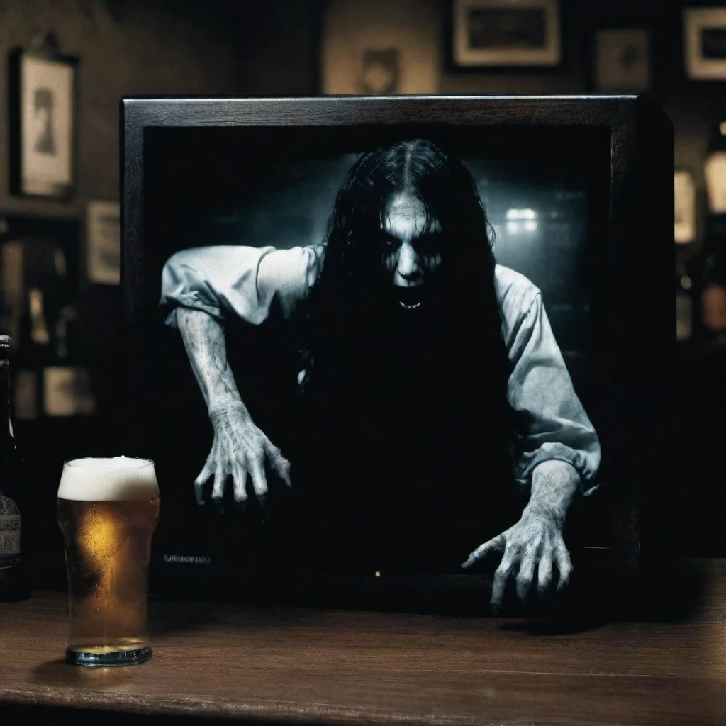 Horror-themed a creepy woman (((reaching out for a beer)), face hidden by hair, crawling out of a tv in a pub <lora:lcm_lora_sdxl:1> <lora:TheRing1024:0.85> . Eerie, unsettling, dark, spooky, suspenseful, grim, highly detailed