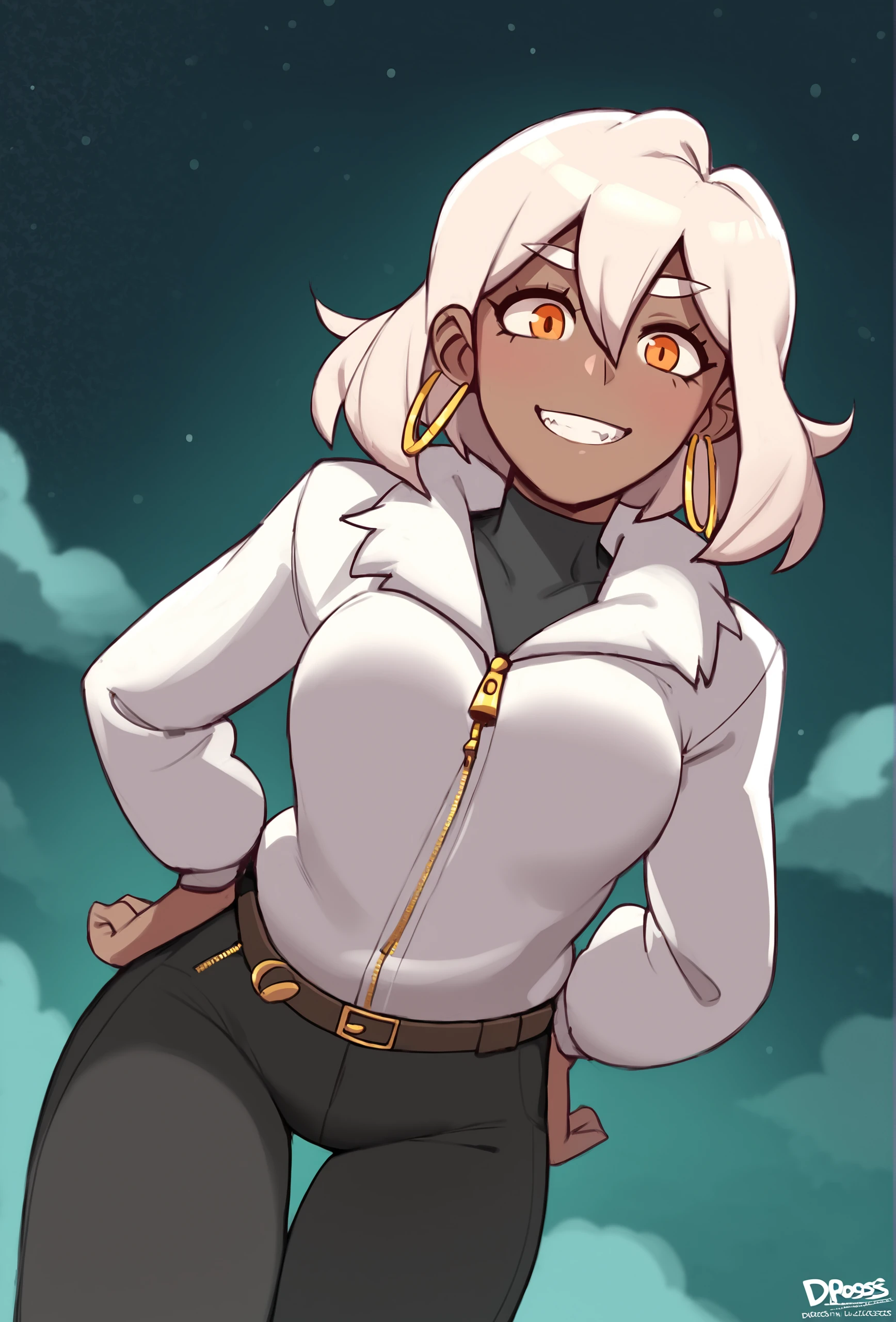 score_9, score_8_up, score_7_up, score_6_up, score_5_up, score_4_up, outdoors, source_furry, night, starry sky, cloud BREAK
<lora:dross_style_ponyXL_v1_resized:1> drosstyle, 1girl, solo, medium breasts, dark-skinned female, orange eyes, white hair, white eyebrows, thick eyebrows, hair between eyes, sidelocks, medium hair, black shirt, white jacket, gold trim, fur trim, black pants, smile, (looking at viewer:1.1), gold earrings, hoop earrings, from below, belt, eye reflection, leaning forward, zipper, teeth