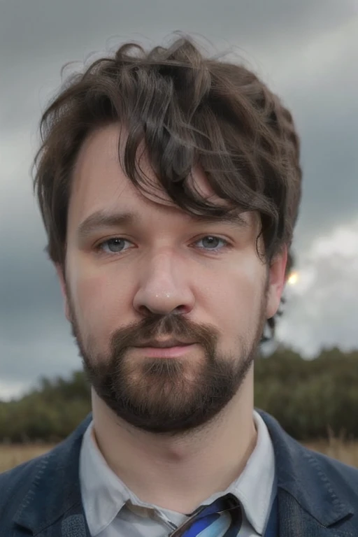 1boy, blue sky, cloud, grass lands, cloudy sky, (evening:1.1), facial hair, horizon, male focus, outdoors, sky, sunset, twilight, glow effects, godrays, Hand drawn, render,octane render, , Sharp focus, big depth of field, Masterpiece, Vivid colors,, High Detail, dramatic, intricate, elegant, highly detailed, digital painting, artstation, concept art, smooth, sharp focus, illustration, (top half:1.2), <lora:DestinyLoRA:1> destiny <lora:TUX_LoRA_V1:0.7> tux3d0 outfit