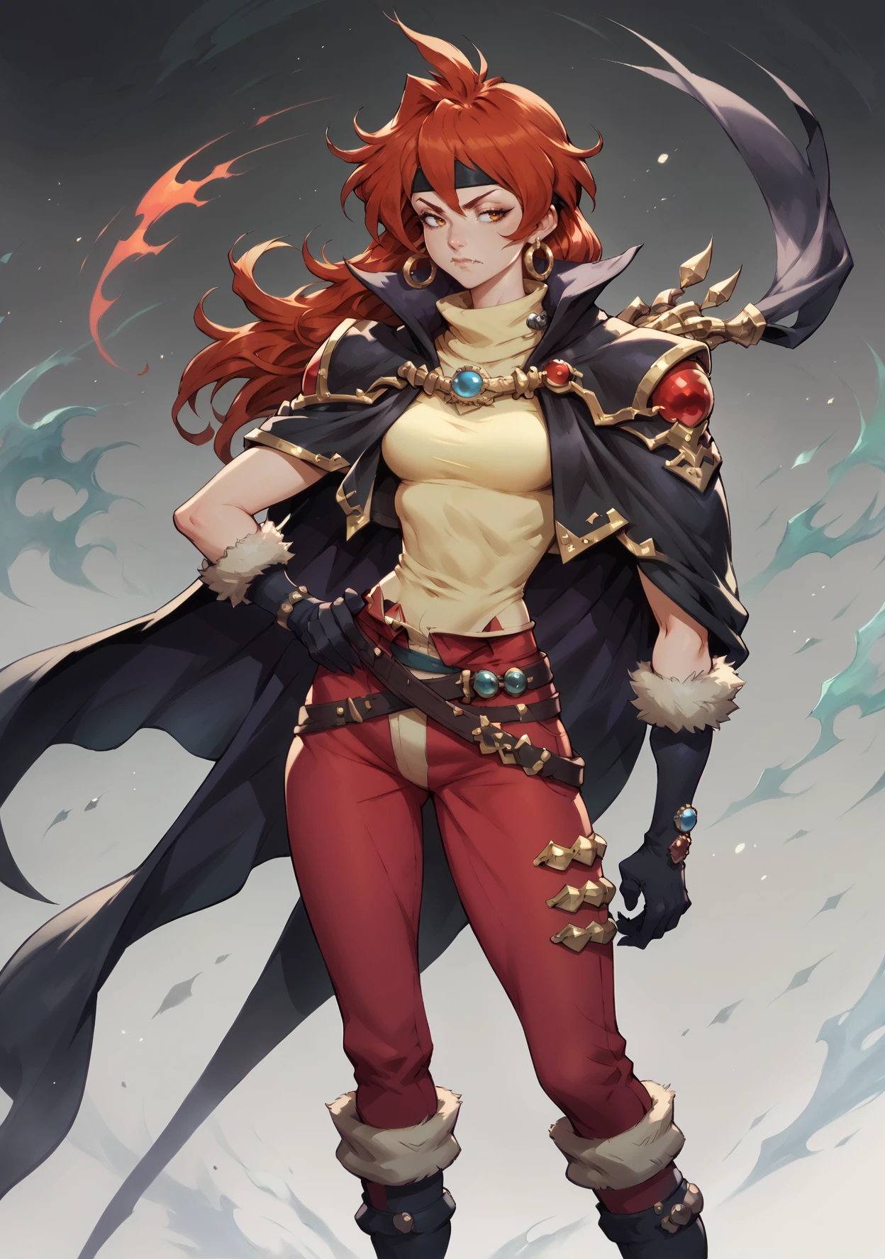 score_9, score_8_up,LNPD-ova, 1girl, <lora:Lina PDXL:0.8>, cape, fang, red pants, sleeveless yellow shirt, headband, black boots, black gloves, hoop earrings, fur-trimmed gloves, hand on hip, closed mouth, long hair