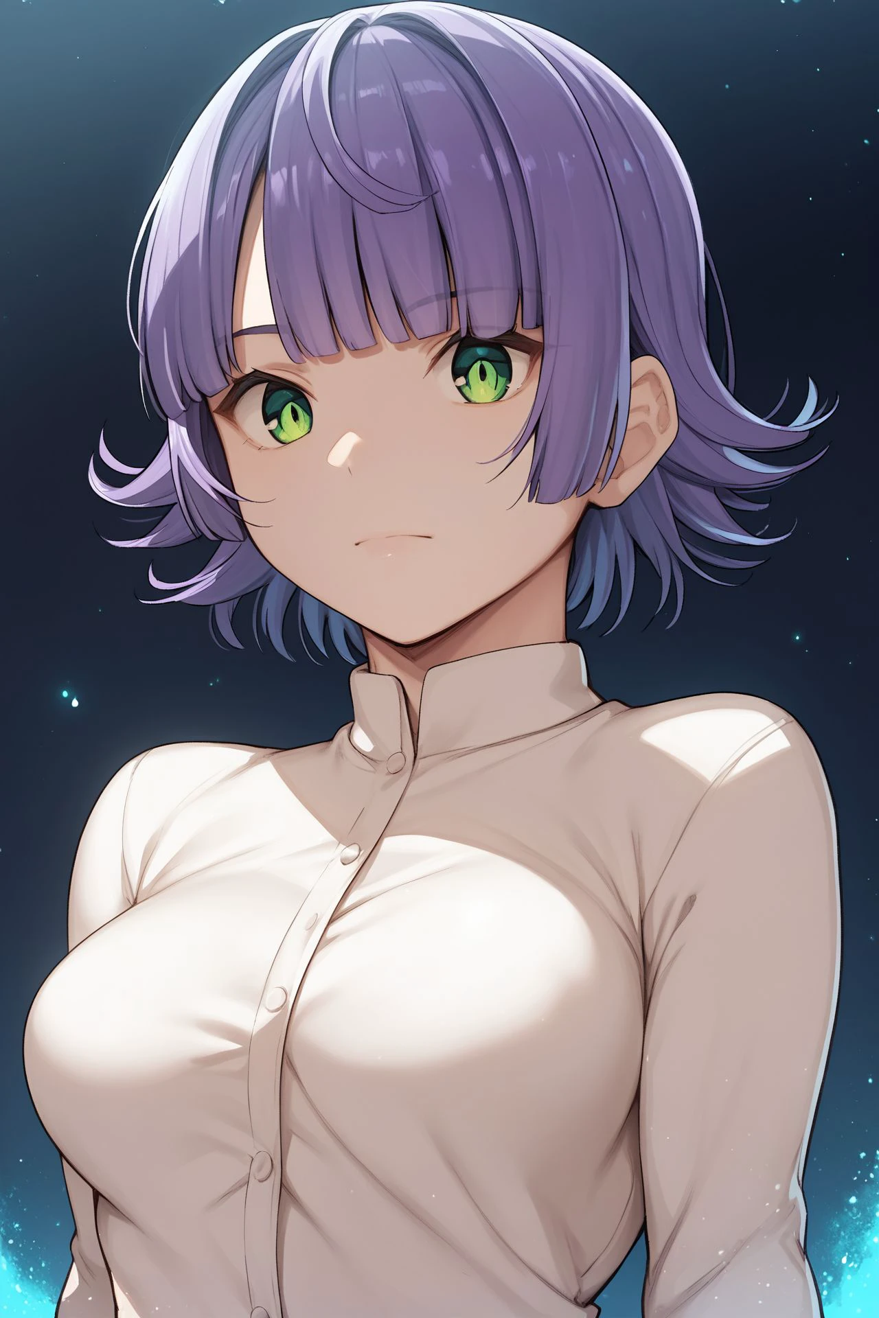 score_9, score_8_up, score_7_up, 1girl, :>, arms_behind_back, dark purple hair, baby bangs, green eyes, medium breasts, cream clothes, glitter particles <lora:shiseki_hirame_PonyXL_style_v01:1>