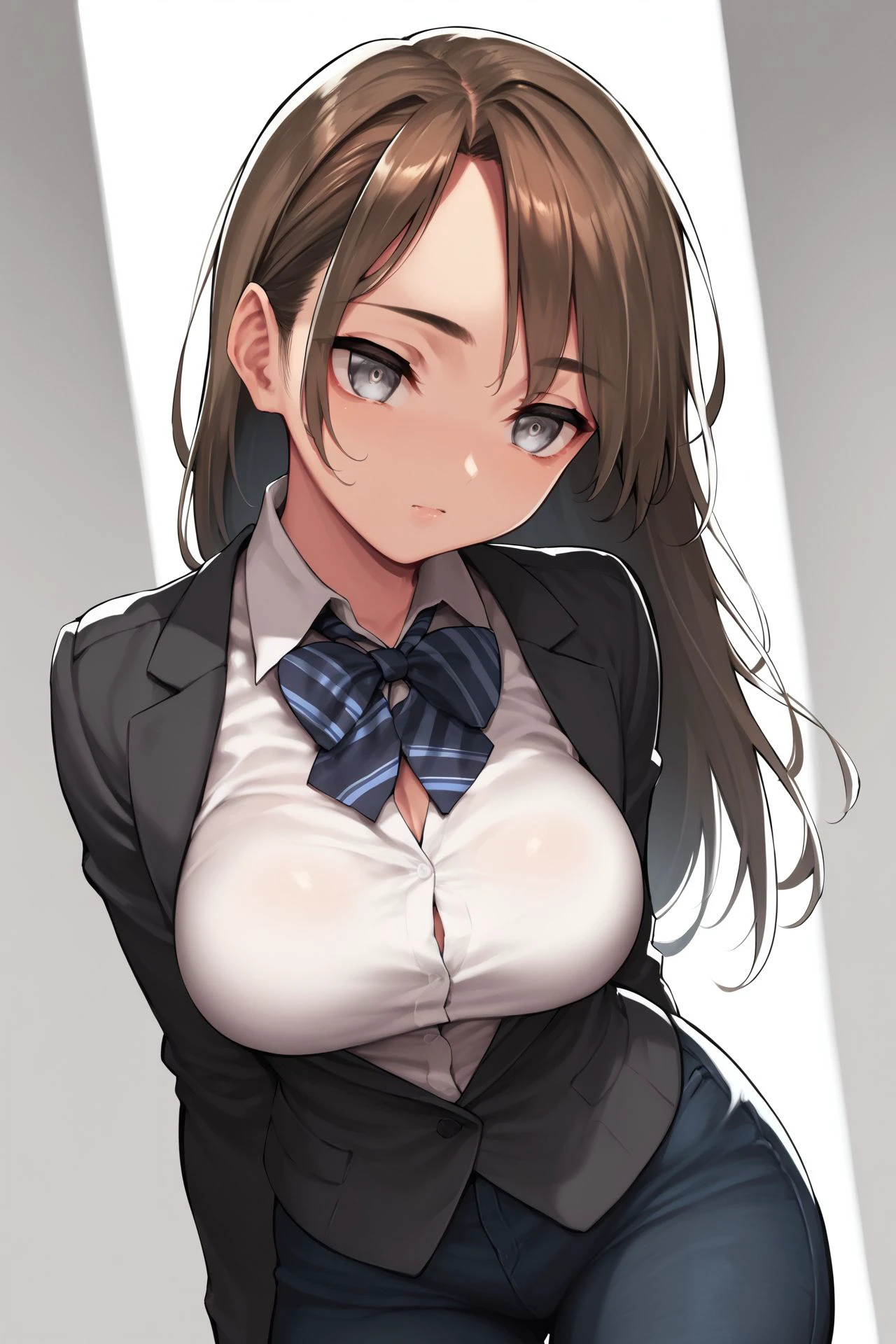 NSFW、Toned body、Big Breasts、Bare thighs、White panties、(uniform、Dark blue blazer、Light blue ribbon、White shirt、Collared shirt、Grey Micro Mini Skirt Grey、Grey Pleated Skirt Grey)、(short hair、Brown Hair、Barrette、hair ornaments)、(Brown eyes:1.5)、(yuihirasawa、yui hirasawa、Yui Hirasawa)、Big Breasts、Women's High、classroom、独奏
