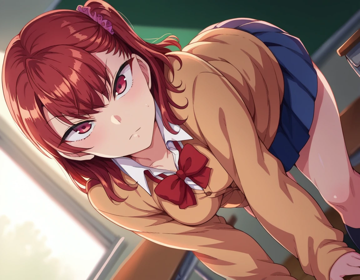 score_9, score_8_up, score_7_up, source_anime,
izuminogami, <lora:izumi-nogami-ponyxl-lora-nochekaiser:1>
izumi nogami, red hair, one side up, medium hair, scrunchie, red eyes,
skirt, school uniform, pleated skirt, shoes, socks, cardigan, brown cardigan,
indoors, classroom, bent over,
looking at viewer, dutch angle, cowboy shot,