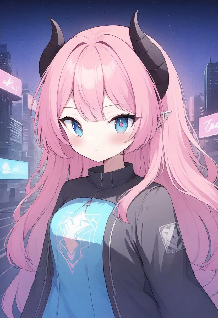 (masterpice, best quality, high quality, highres:1.4), in (vaporwave glitch effect digital illustration art-style:1.36), vtuber-halfbody of a t girl with long pink hair blue eyes and horns hologram in a city street with neon signs, (city lights:0.7), (solitude:0.5), (futuristic atmosphere:0.7), cinematic shot, ascii, (by tomma abts:1.36), 4k textures, ultra detailed