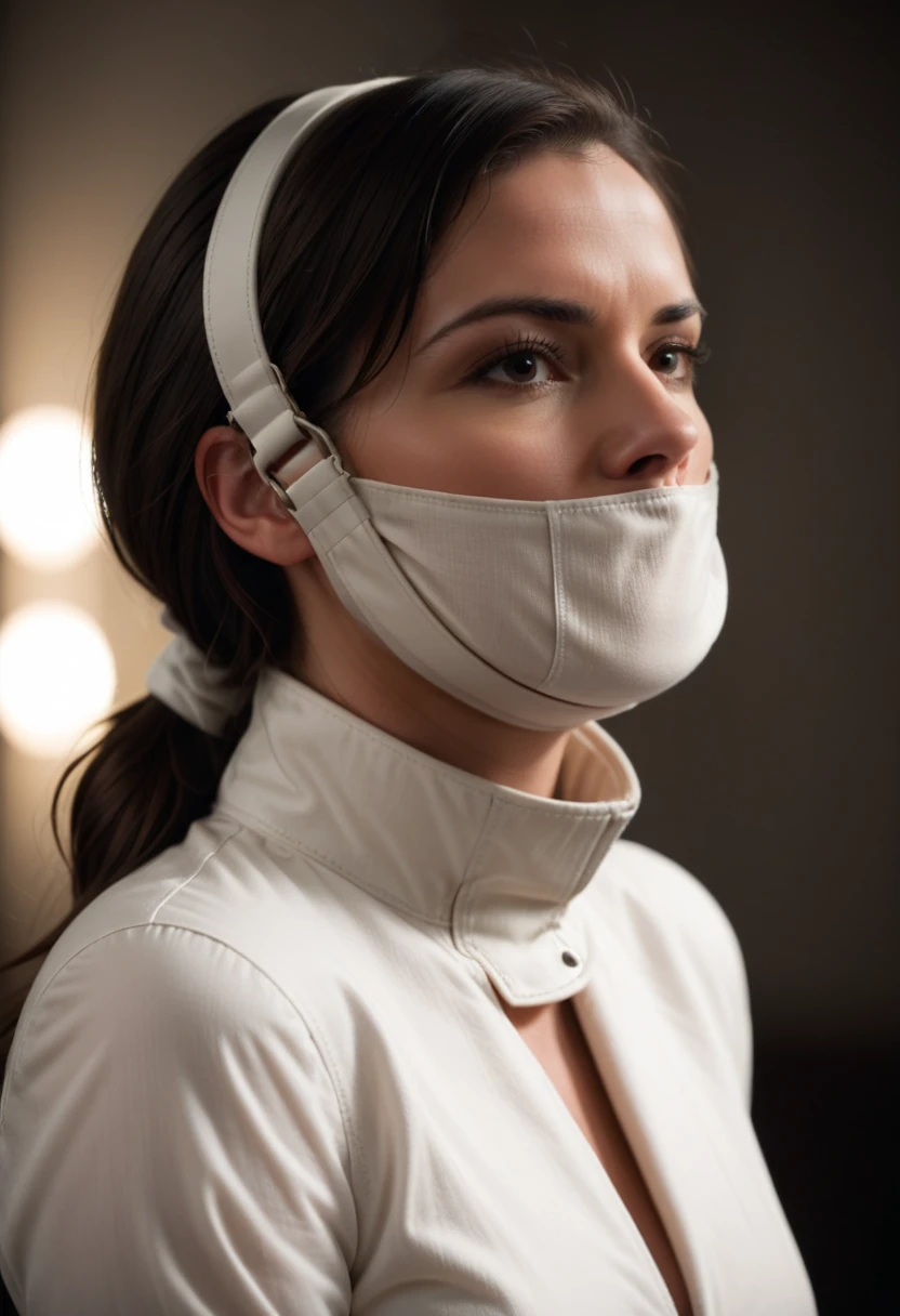 cinematic film still photogenic beautiful woman wearing, white canvas gag, gagged, g4g, solo, high quality, best quality, highres, <lora:Addon_soph-HandmaidsMuzzleGag-SDXL:0.75>, nose:1.2 mid shot, wearing straitjacket, arms crossed, profile . shallow depth of field, vignette, highly detailed, high budget, bokeh, cinemascope, moody, epic, gorgeous, film grain, grainy