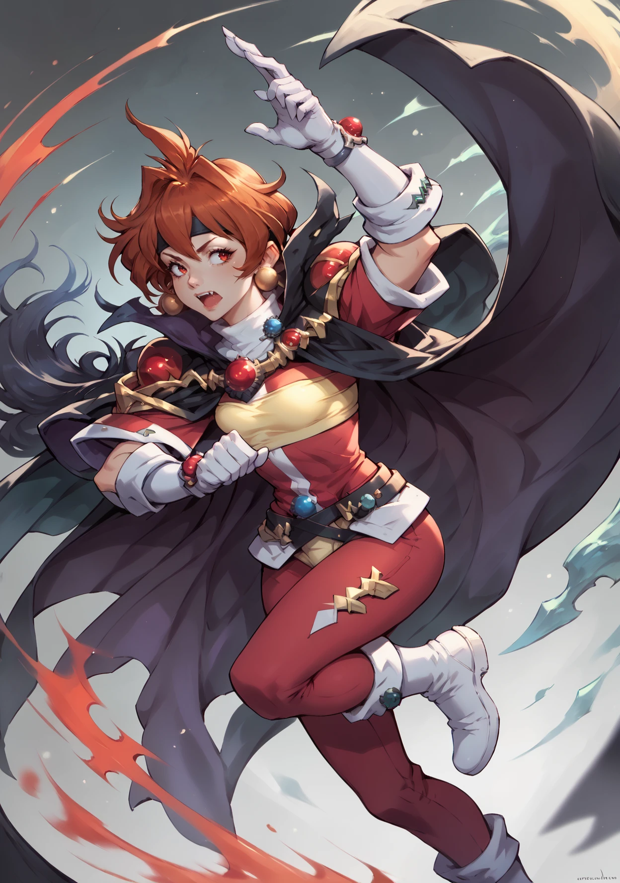 score_9, score_8_up,LNPD-ova, 1girl, <lora:Lina PDXL:1>, yellow trim, headband, white footwear, white gloves, white trim, brooch, red pants, fang, cape,