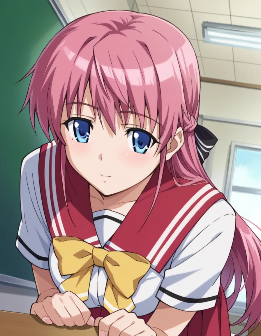 score_9, score_8_up, score_7_up, source_anime,
akinaorifushi, <lora:akina-orifushi-ponyxl-lora-nochekaiser:1>
akina orifushi, long hair, pink hair, blue eyes, hair braid, braid, hair bow, bow, mature female,
skirt, school uniform, serafuku, red sailor collar, red skirt, white shirt, short sleeves,
indoors, classroom, bent over,
looking at viewer, dutch angle, cowboy shot,