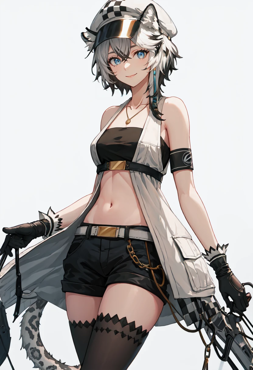 best quality, masterpiece, highres, solo, (cliffheart_arknights:1.10), 1girl, bare shoulders, black shorts, looking at viewer, midriff, navel, necklace, short shorts, smile, stomach, belt, black gloves, cowboy shot, sleeveless, tube top, checkered clothes, simple background, standing, white background, armband, black thighhighs, open clothes, single thighhigh, black bandeau, blue eyes, collarbone, hand up, holding, 1 <lora:cliffheart_arknights:0.80>