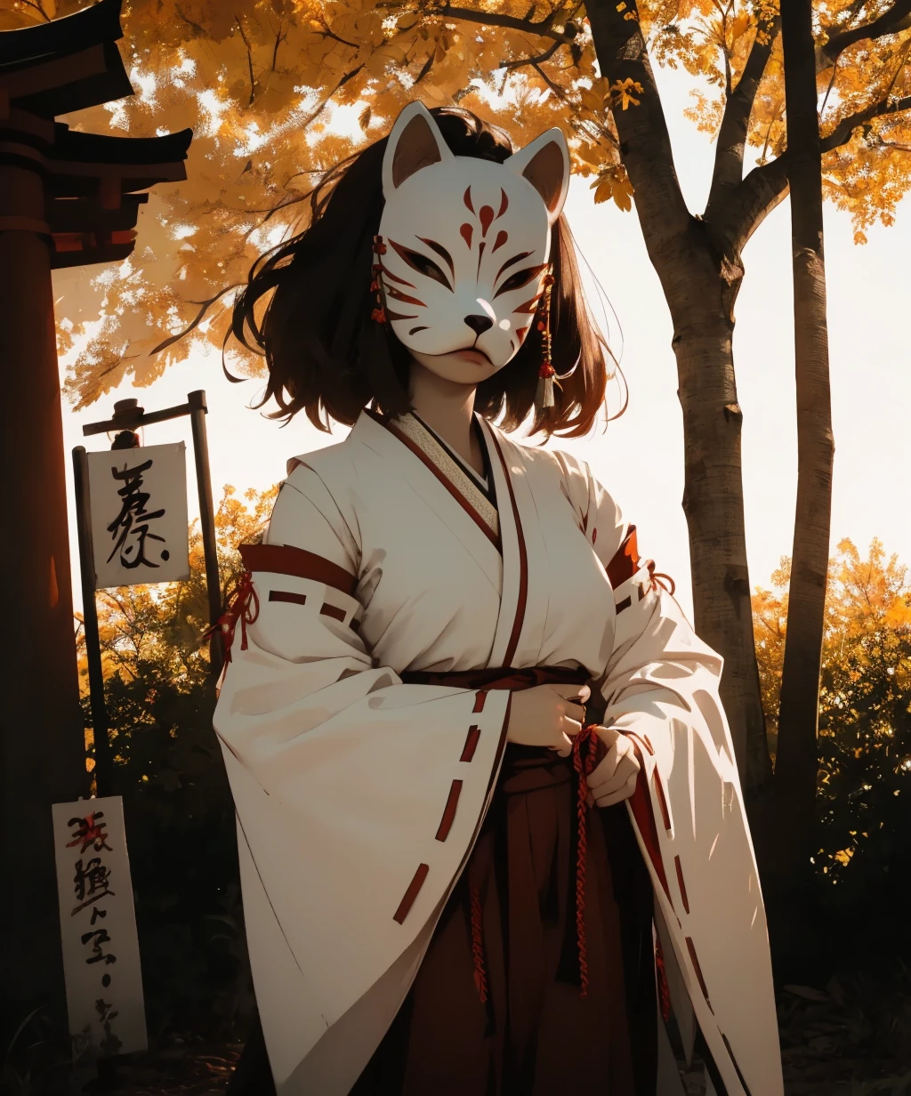 anbu,1girl,medium hair,brown hair,long sleeves,standing,skirt,japanese clothes,wide sleeves,kimono,hakama,hakama skirt,facing viewer,ribbon-trimmed sleeves,white kimono,miko,red hakama,torii,solo,<lora:anbu_mask-09:1>,