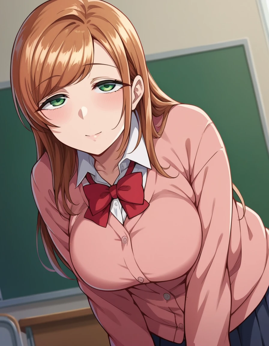 score_9, score_8_up, score_7_up, source_anime,
minakosanada, <lora:minako-sanada-ponyxl-lora-nochekaiser:1>
minako sanada, long hair, brown hair, green eyes, mature female,
long sleeves, bow, school uniform, bowtie, red bow, cardigan, pink cardigan,
indoors, classroom, bent over,
looking at viewer, dutch angle, cowboy shot,