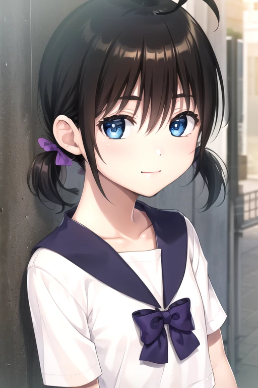 ((masterpiece)),(best quality),official art,extremely detailed CG,unity 8k wallpaper,ultra detailed,beautiful detailed eyes,extremely detailed face,outdoors,1girl,solo,upper body,(portrait:1.5),looking at viewer,facing viewer,smile,(petite:1.2),Enomiya Aoi,ahoge,short hair,brown hair,shiny hair,short twintails,hair ribbon,purple ribbon,hair bow,sidelocks,hair between eyes,bangs,blue eyes,collarbone,black sailor collar,black bowtie,white shirt,short sleeves,small breasts,miniskirt,black skirt,pleated skirt,white socks,loafers,<lora:Enomiya Aoi(gmly)>,