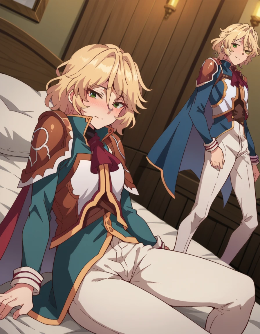 score_9, score_8_up, score_7_up, source_anime,
healerblade, <lora:healer-blade-ponyxl-lora-nochekaiser:1>
blade, blonde hair, green eyes, short hair, hair between eyes,
long sleeves, pants, cape, uniform, military, ascot, white pants,
indoors, bed, bed room, on side, blush, drunk,
looking at viewer, dutch angle, cowboy shot,