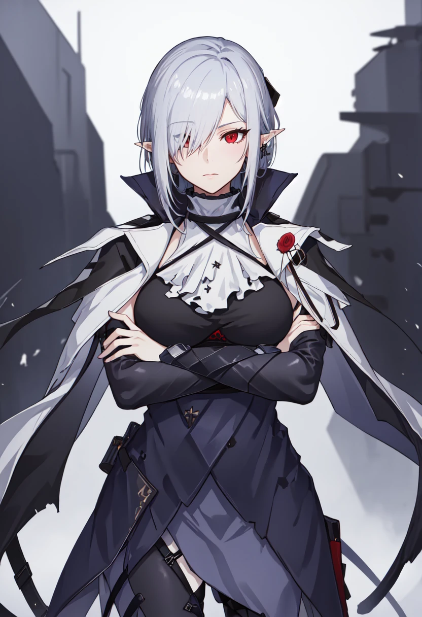 masterpiece, best quality, highres, 1girl,garden background, koshelna, grey eyes, pale skin, animal ears, grey eyes, hair over one eye, side ponytail, short hair, black pants, long dress, capelet, sideboob, gloves, white shirt, <lyco:KOSLENA_V3-000015:0.95>, multicolored hair, sitting