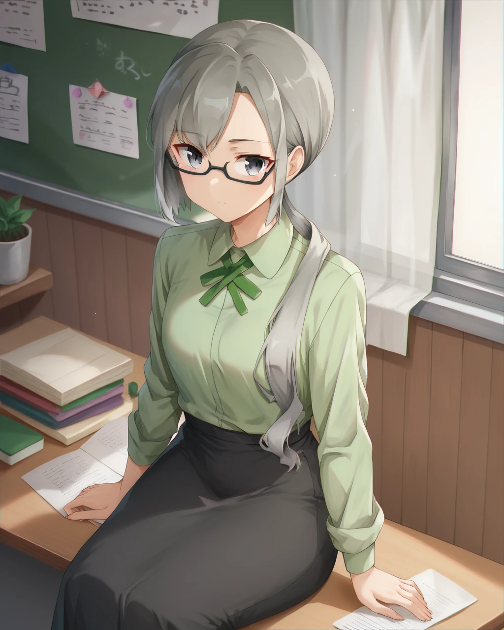 score_9, score_8_up, score_7_up,
<lora:Aki_teacher_PONY:1>,aki teacher, 1girl, solo,black glasses, grey eyes, long hair, grey hair, semi-rimless eyewear, under-rim eyewear, low ponytail, bangs,black skirt,long skirt,green shirt,