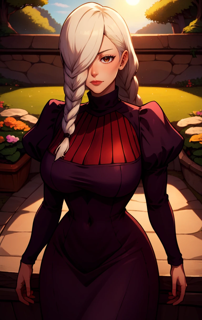score_9, score_8_up, score_7_up, BREAK, <lora:MeimeiSDXL:1> MeimeiSDXL, 1girl, solo, long hair, breasts, looking at viewer, large breasts, garden background, long sleeves, dress, brown eyes, closed mouth, braid, white hair, puffy sleeves,sun, hair over one eye, black dress, black covered navel, juliet sleeves, braided ponytail, one eye covered, braided bangs, turtleneck dress, cowboy shot,