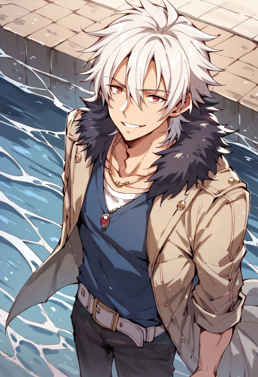 score_9, score_8_up, score_7_up, 1boy, solo, white hair, red eyes, hair between eyes, cs4crow, beige coat, black fur trim, necklace, blue vest, blue t-shirt, dark pants, white belt, harbour, water, outdoors, smile, from above