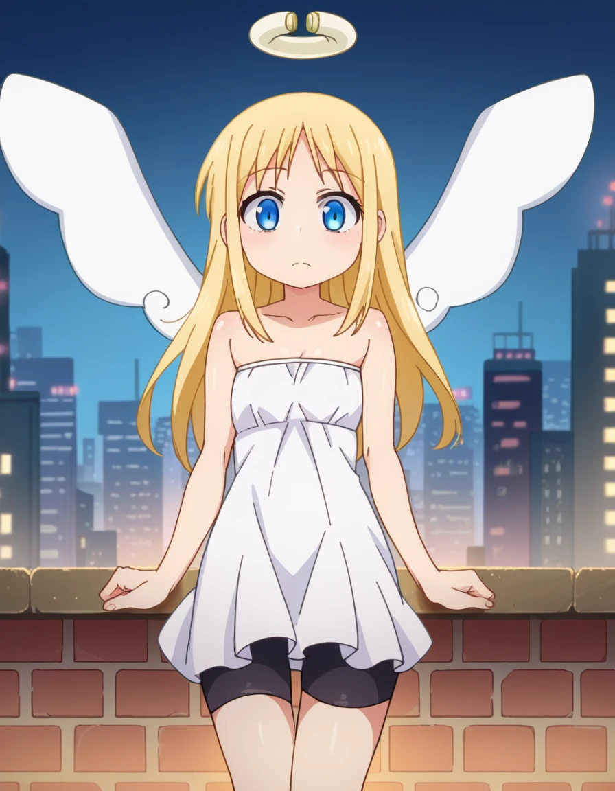 The image is anime style cowboy bebop and Darker than black with shadows and dim lights, anime style although somewhat adult and dark, It shows a young angel, a delicate and beautiful naked woman, in the middle of nowhere, She has very long dull blonde hair, and blue eyes, has beautiful white wings, It is on a dirty corrugated iron roof, It's night, In the background of the image you can only see the starry and foggy night. The image focuses on the angel girl from the side. In the background of the image you can see a huge bridge passing by heading towards the sky.